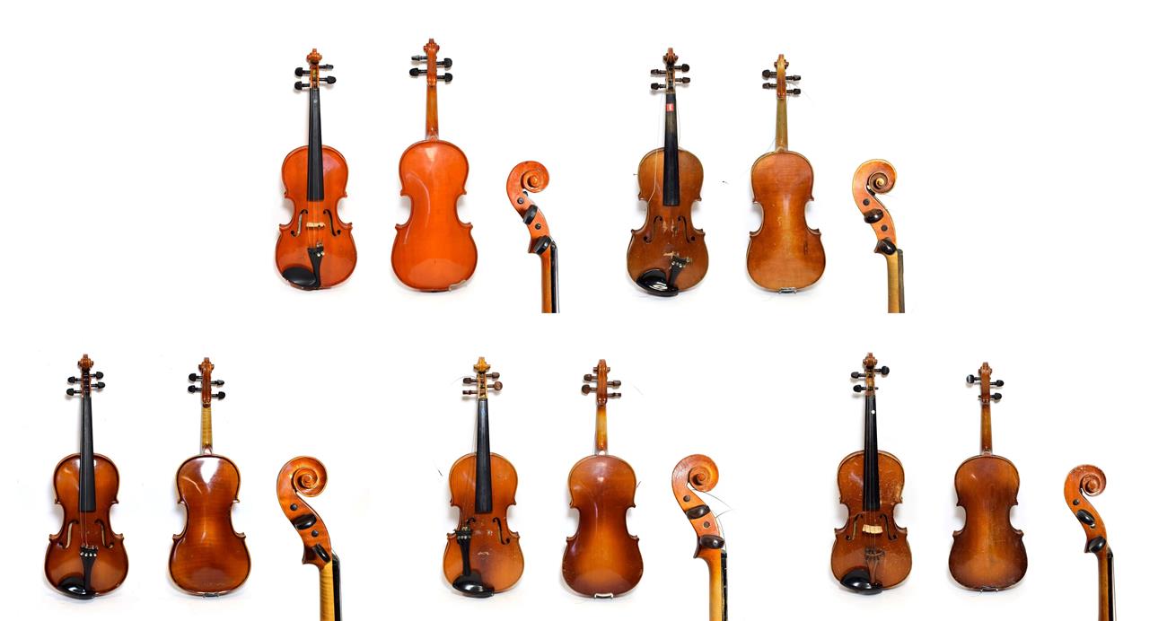 Lot 3001 - Four Violins & A Viola Viola 15 1/8'' two piece back labelled 'Made in Hungary' cased with bow...