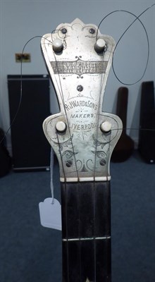 Lot 3039 - Banjo By R J Ward, Liverpool 11 1/2'' head, five strings, engraved metal faceplate to headstock...