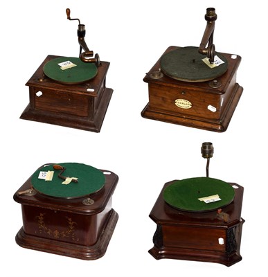 Lot 3061 - A Selection Of Four Horn Gramophone Bases: unmarked base in mahogany with rounded corners,...