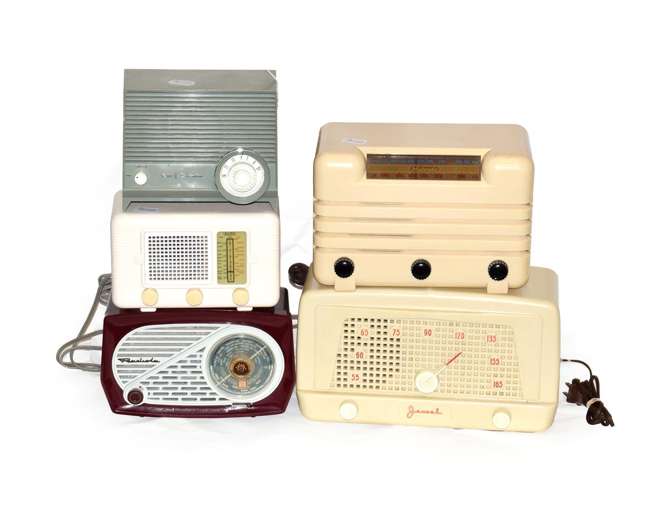 Lot 3088 - A Radiola Two Band Receiver, in two-tone maroon and grey case; Alba miniature Minstrel in...