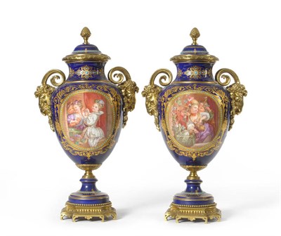 Lot 116 - A Pair of Gilt Metal Mounted Sèvres Style Porcelain Urn Shaped Vases and Covers, 19th century,...