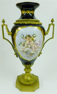 Lot 118 - A Gilt Metal Mounted Sèvres Style Porcelain Twin-Handled Vase, late 19th/20th century, of baluster