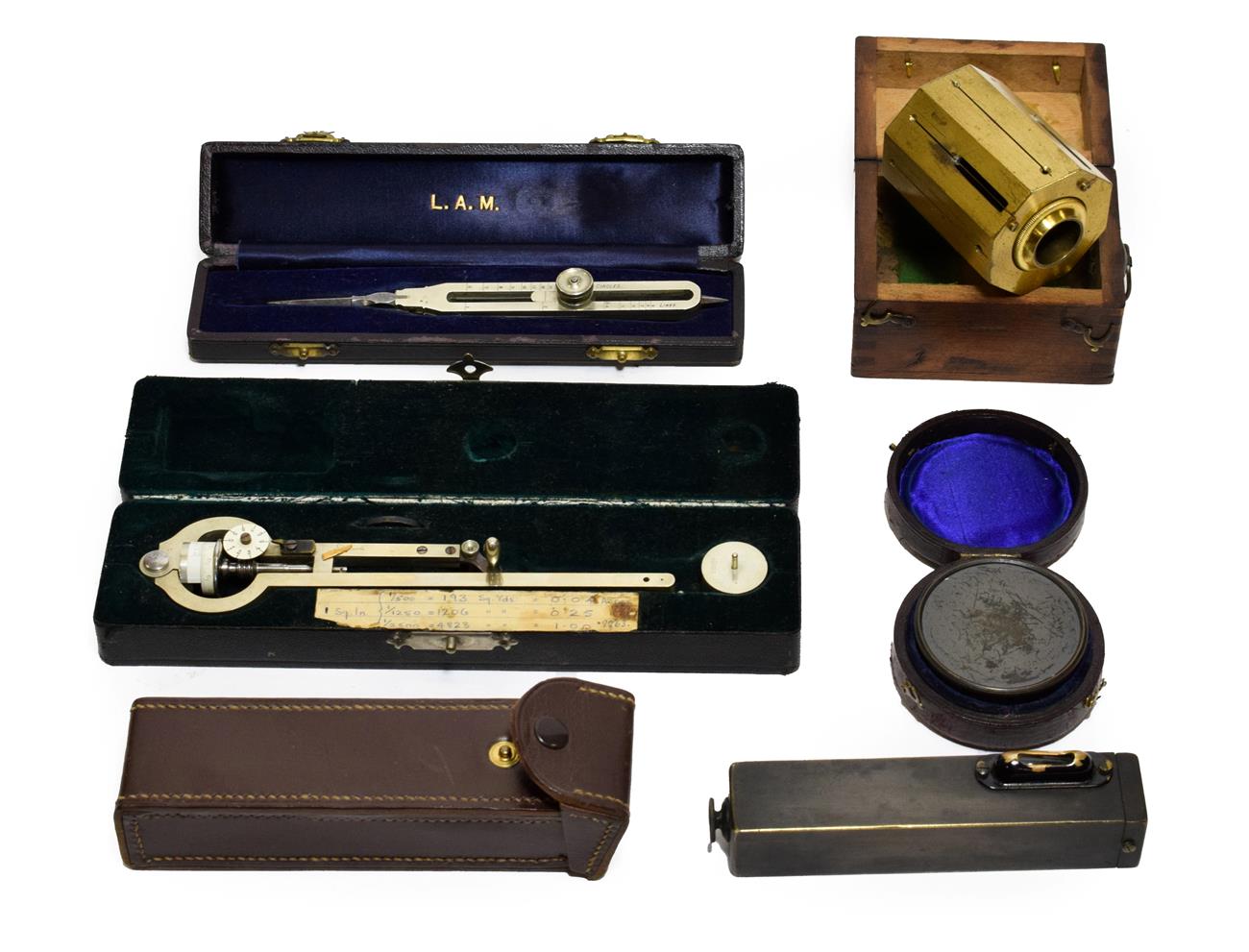 Lot 3145 - Various Instruments Stanley brass cross staff, LAM Scale Dividers, Reynolds Optical Square,...