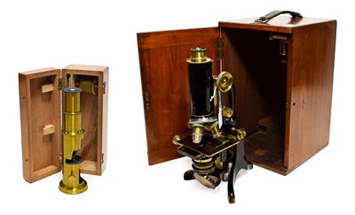 Lot 3150 - C Baker (Holborn, London) Microscope with three lens turret, condenser, plano-concave mirror,...