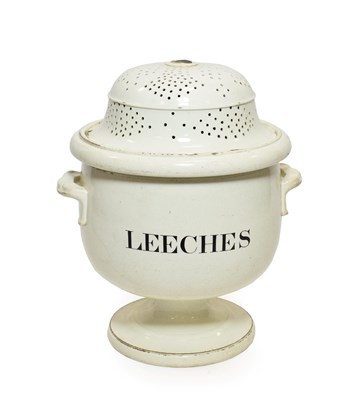 Lot 3156 - Leech Jar white glazed finish with 'LEECHES' in black, perforated domed lid, 9 1/2'', 24cm diameter