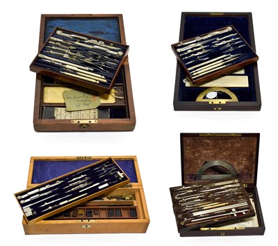 Lot 3159 - Drawing Instrument Sets (i) A G Thornton three layers with brass protractor and plaque to lid '...