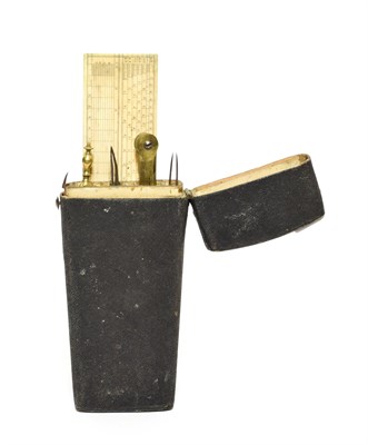 Lot 3165 - Drawing Set In Fishskin Case incomplete with brass and steel instruments and an ivory rules