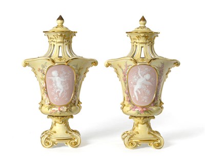 Lot 126 - A Pair of Meissen Porcelain Pâte-sur-Pâte Decorated Pot Pourri Vases and Covers, 20th century, of
