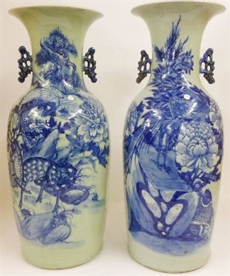 Lot 144 - A Pair of Chinese Porcelain Large Celadon Ground Baluster Vases, 19th century, with trumpet...