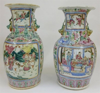 Lot 146 - A Pair of 19th Century Cantonese Famille Rose Vases, decorated with panels of soldiers on foot...