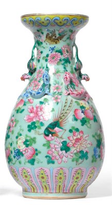 Lot 158 - A Chinese Celadon and Famille Rose Enamelled Baluster Vase, circa 1880, the cupped neck with a band