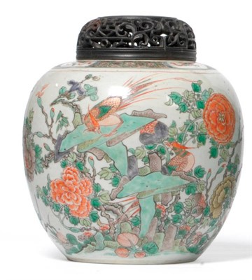 Lot 179 - A Chinese Famille Verte Porcelain Ginger Jar, Kangxi (1662-1722), cellular shoulder band...