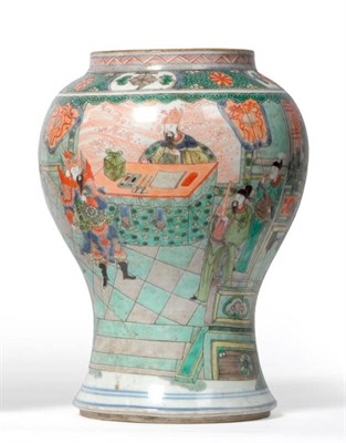 Lot 181 - A Chinese Famille Verte Porcelain Baluster Vase, Kangxi (1662-1722), with narrow dentil band to the