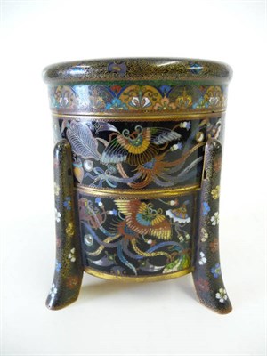 Lot 186 - A Japanese Cloisonne Enamel Tiered Box, Meiji period (1868-1912), of cylindrical form on four...