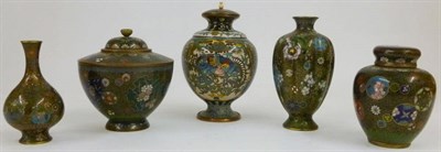 Lot 187 - A Pair of Japanese Cloisonné Hexagonal Small Vases, circa 1900, worked with mon roundels,...