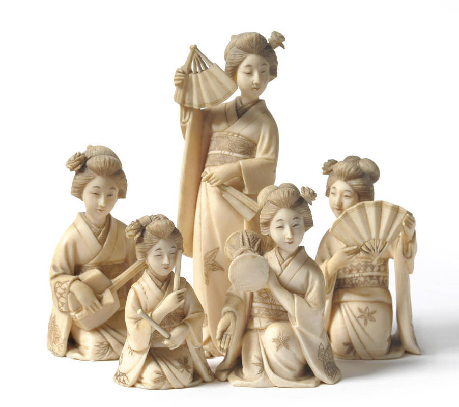 Lot 194 - A Group of Five Japanese Carved Elephant Ivory Figures of Female Musicians, late Meiji period...