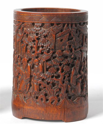 Lot 218 - A Chinese Carved Bamboo Brush Pot, 19th century, carved in deep relief on one side with seven...