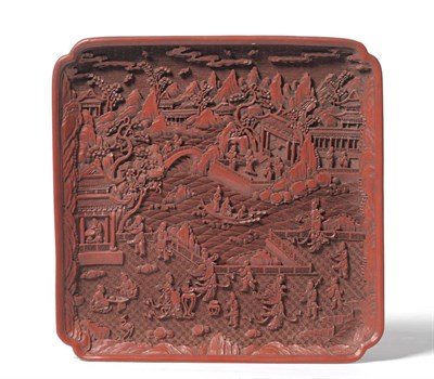 Lot 222 - A Chinese Cinnabar Lacquer Shallow Square Tray, late 19th/early 20th century, worked in relief with