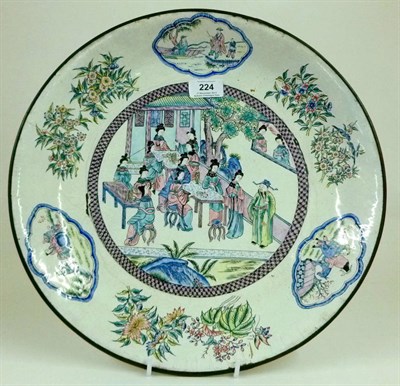 Lot 224 - A Chinese Canton Enamel Shallow Circular Dish, circa 1920, with a central circular reserve...