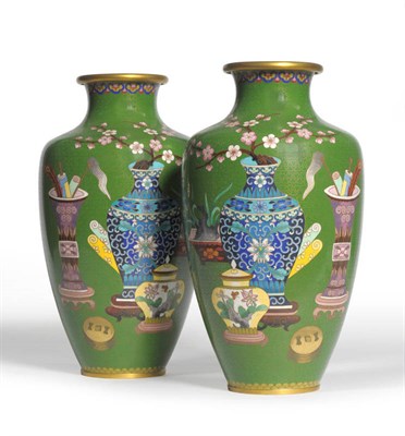 Lot 229 - A Pair of Chinese Cloisonné Apple Green Ground Vases, mid 20th century, of baluster shape,...