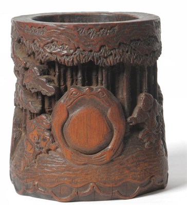 Lot 237 - A Chinese Carved Bamboo Brush Pot, 19th century, as seven children playing in a bamboo grove near a