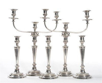Lot 276 - A Pair of George III Sheffield Plate Candelabra and Three Matching Candlesticks, Matthew...
