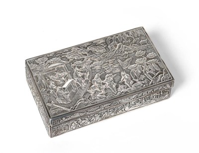 Lot 283 - A Chinese White Metal Cigarette Box, circa 1880, rectangular, chased throughout with military...