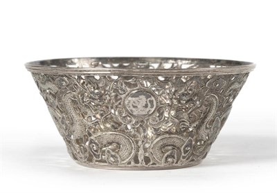 Lot 284 - A Chinese White Metal Bowl, Wang Hing, circa 1890, circular with pierced and engraved dragons...
