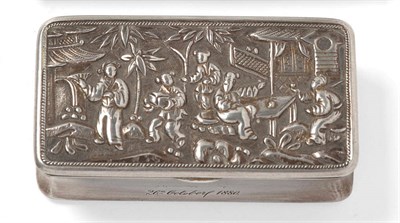 Lot 286 - A Chinese White Metal Snuff Box, circa 1880, waisted rectangular with a scene of domestic life...