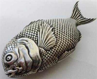 Lot 287 - A Japanese White Metal Pepperette as a Flat Fish, circa 1910, finely detailed, piercements at...