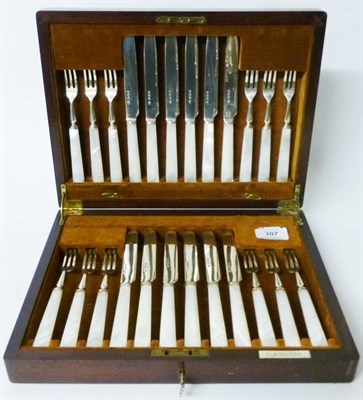 Lot 307 - A Set of Twelve Art Deco Silver and Mother-of-Pearl Dessert Knives and Forks, Elkington & Co...