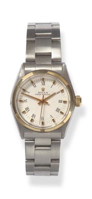 Lot 425 - A Mid-Size Steel and Gold Automatic Centre Seconds Wristwatch, signed Rolex, Oyster Perpetual, Ref