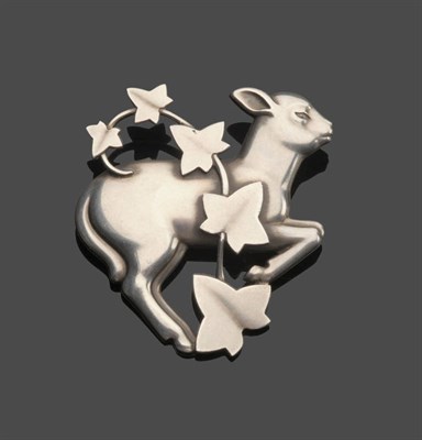 Lot 463 - A Silver Brooch, by Georg Jensen, in the form of a skipping lamb, overlaid with ivy, measures...