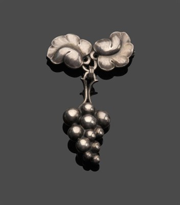 Lot 464 - A Brooch, by Georg Jensen, two leaves suspend a bunch of grapes, measures 2.9cm by 4.7cm,...