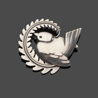 Lot 465 - A Silver Brooch, by Georg Jensen, depicting a bird on a leaf, measures 5.2cm by 4.3cm, numbered...