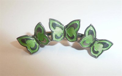 Lot 476 - An Enamel Brooch, by MEKA, circa 1960, the brooch modelled as three green butterflies, measures...