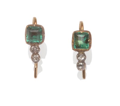 Lot 500 - A Pair of 19th Century Emerald and Diamond Earrings, each step cut emerald surmounts a pair of...