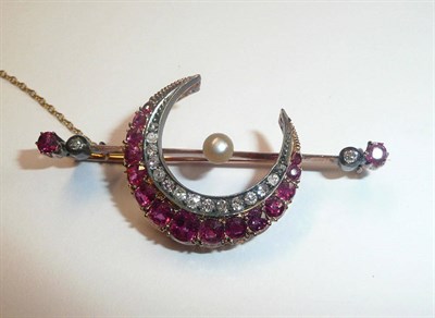 Lot 509 - A Late Victorian Ruby, Diamond and Pearl Brooch, a ruby and diamond crescent on a bar, with a pearl