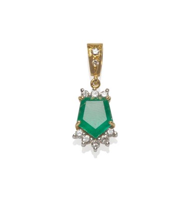 Lot 540 - An 18 Carat Gold Emerald and Diamond Pendant, a pentagonal step cut emerald with diamond...