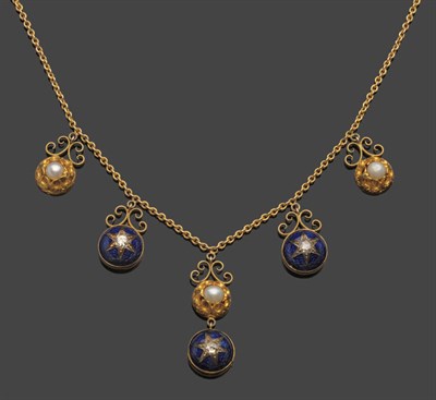 Lot 544 - A Necklace Mounted with Victorian Pendants, five scroll mounted drops in total, the outer pair...