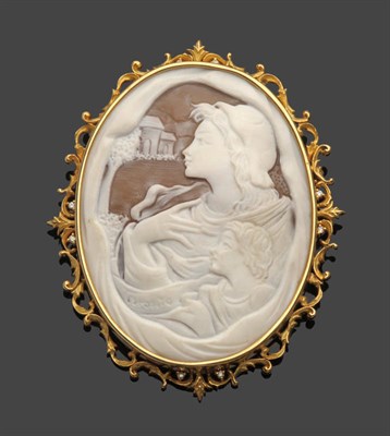 Lot 548 - A Cameo Brooch/Pendant, depicting mother and child against a landscape background, signed...