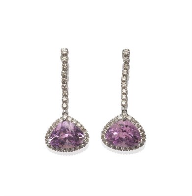 Lot 568 - A Pair of 18 Carat White Gold Kunzite and Diamond Earrings, a string of round brilliant cut...