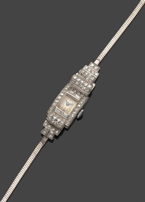 Lot 587 - A Lady's Art Deco Diamond Wristwatch, circa 1940, 17-jewel lever movement, silvered dial with...