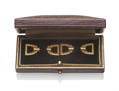 Lot 593 - A Pair of 18 Carat Gold Cufflinks, modelled as stirrups with cabochon sapphire detail, cased by...