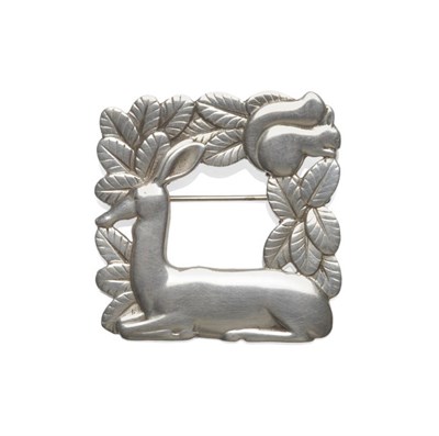 Lot 596 - A Silver Georg Jensen Brooch, the square form depicts a doe at rest and a squirrel, measures...