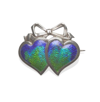 Lot 597 - A Silver Enamelled Brooch, by James Fenton, of twin heart form enamelled in blue and green,...