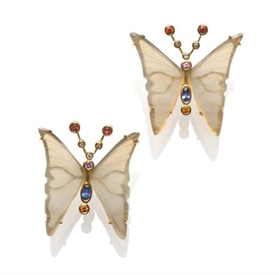 Lot 598 - A Pair of Stylised Butterfly Earrings, with carved agate wings, the head and body set with...