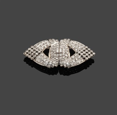 Lot 604 - A Diamond Brooch/Dress Clips, circa 1920, baguette cut and single cut diamonds arranged in two...