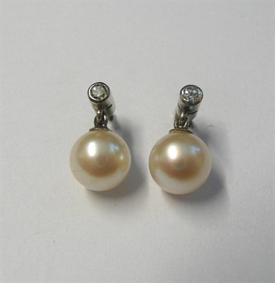 Lot 617 - A Pair of Diamond and Cultured Pearl Earrings, an old cut diamond in a collet setting suspends...