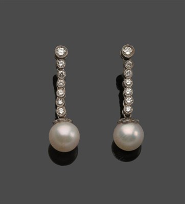 Lot 637 - A Pair of Diamond and Pearl Drop Earrings, a row of brilliant cut diamonds in white collet settings